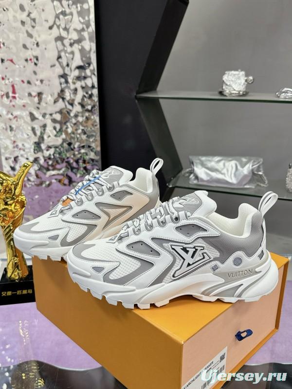 2025 Men Louis Vuitton White Grey Mesh Leather Sneakers MJ00420