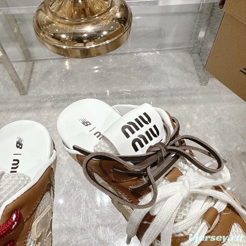 2025 Women Miumiu Brown White Leather Mesh Sneakers