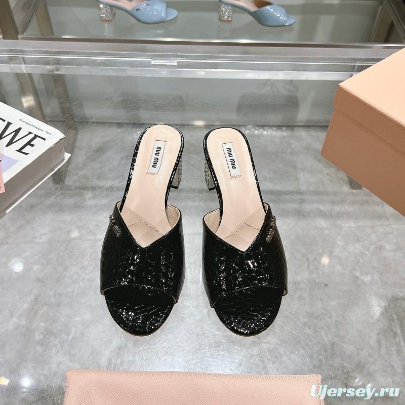 2025 Women Miu Miu Black Patent Leather Heeled Sandals