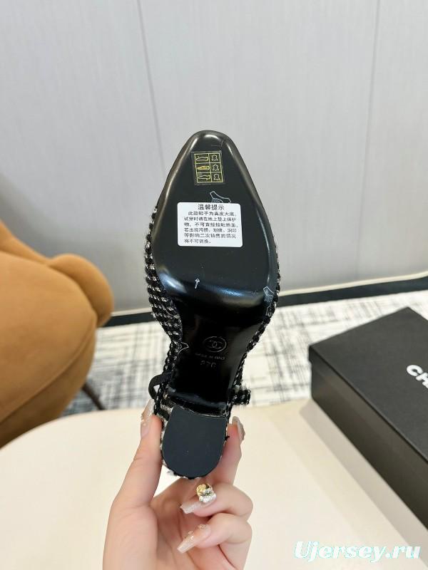 2025 Women Chanel Black White Tweed Leather Slingback Pumps