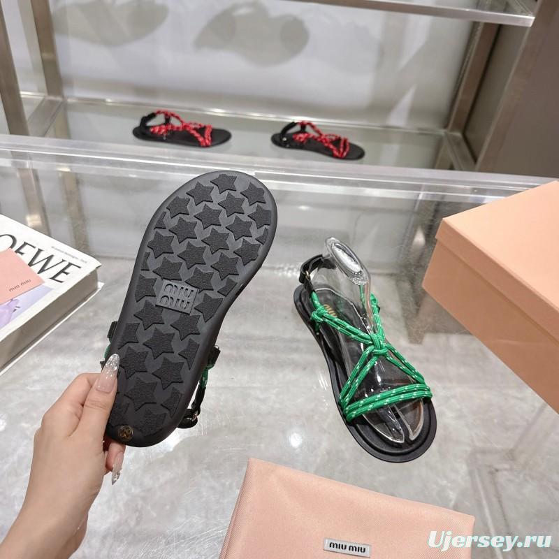 2025 Women Miu Miu Green Black Rope Leather Sandals