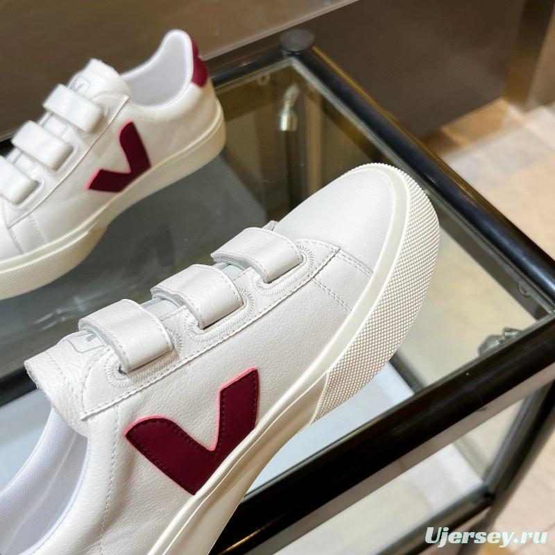 2025 Unisex VEJA White Burgundy Leather Canvas Sneakers MJ00240