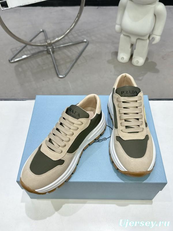 2025 Women Prada Beige Green Nubuck Leather Sneakers KFY00310