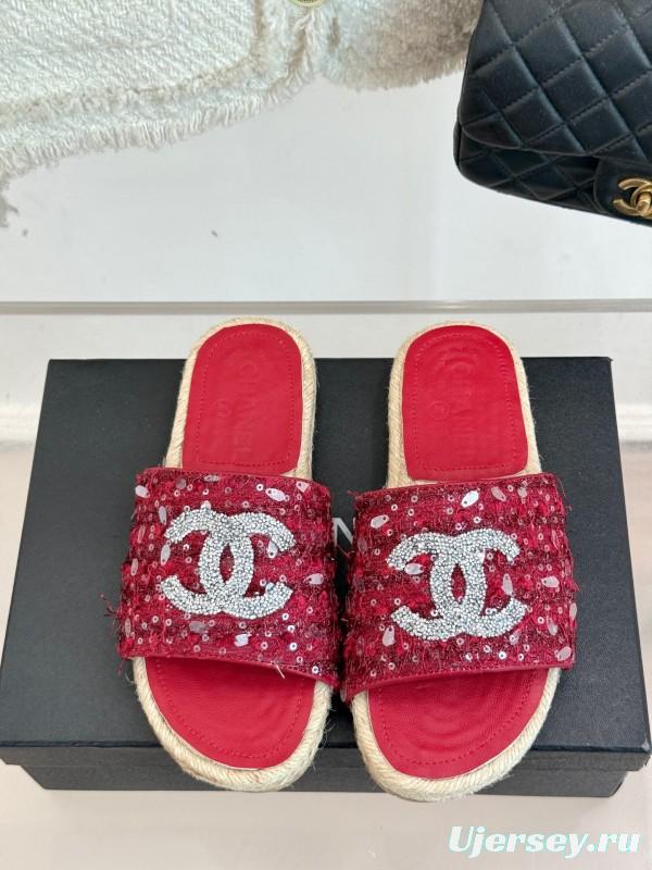 2025 Women Chanel Red Sequin Espadrille Slides Classic Craftsmanship KFY00240(F)