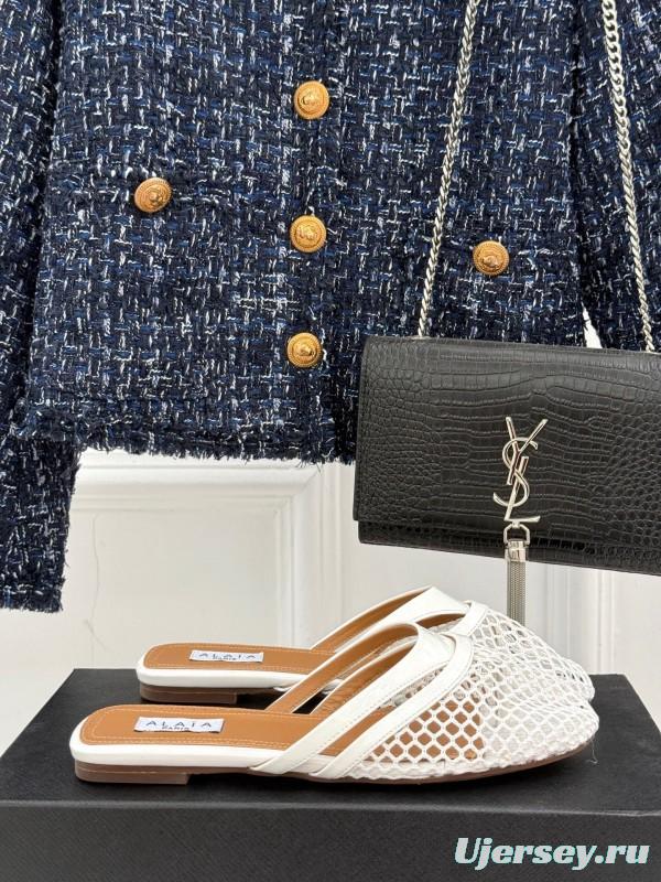 2025 Slippers AlAIA White Leather Mesh Flat Shoes