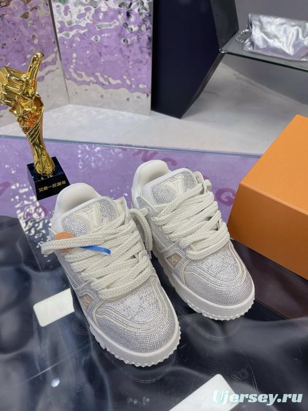 2024 Unisex Louis Vuitton White Silver Leather Trainers Crystal Embellished MJ00430