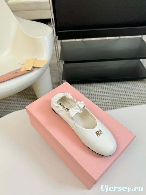 2025 Women Miu Miu White Leather Ballet Flats