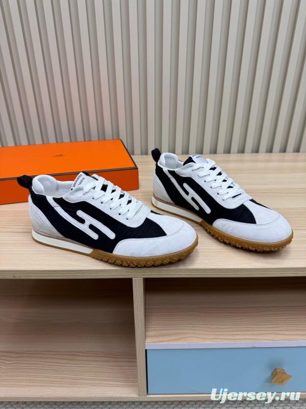 2025 Unisex Hermès White Black Suede Down Fabric Sneakers Top Version LY00310
