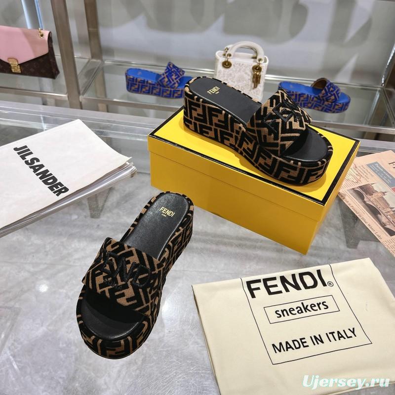 2025 Slippers Fendi Black Brown Canvas Platform FF Jacquard KFY00240