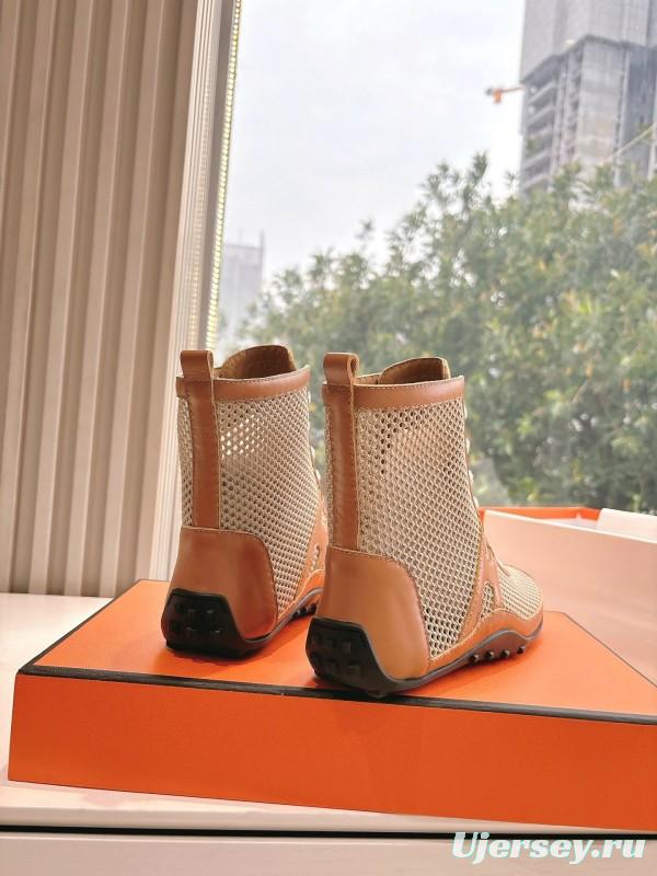 2025 Women Hermès Beige Brown Leather Mesh Boots