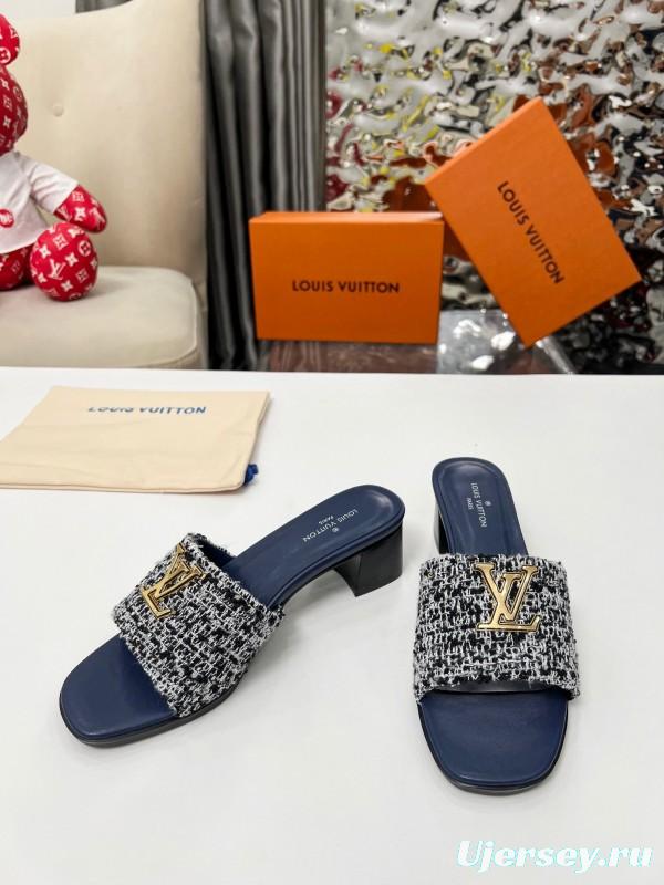 2025 Women Louis Vuitton Navy White Tweed Leather Heeled Sandals LY00220