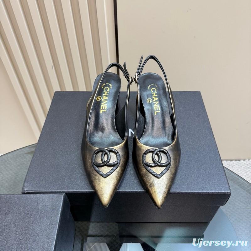 2025 Women Chanel Gold Black Leather Slingback Heel