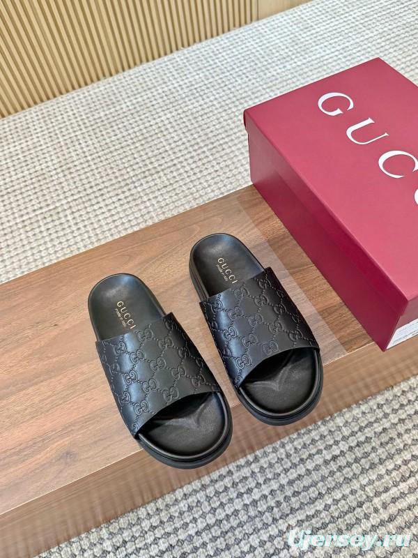 2025 Women Gucci Black Leather Slippers LY00220