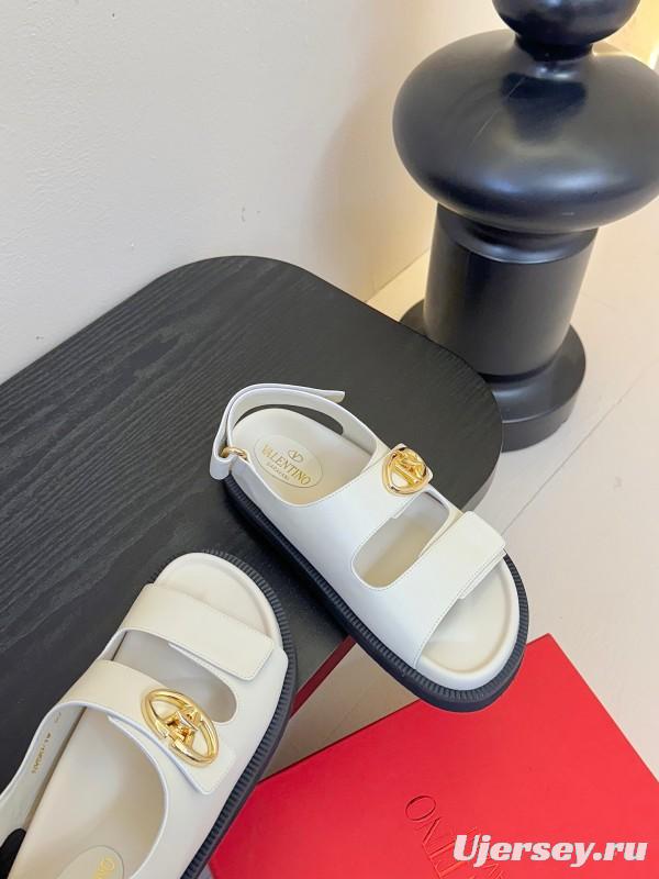 2025 Women Valentino White Leather Sandals V Buckle KFY00320