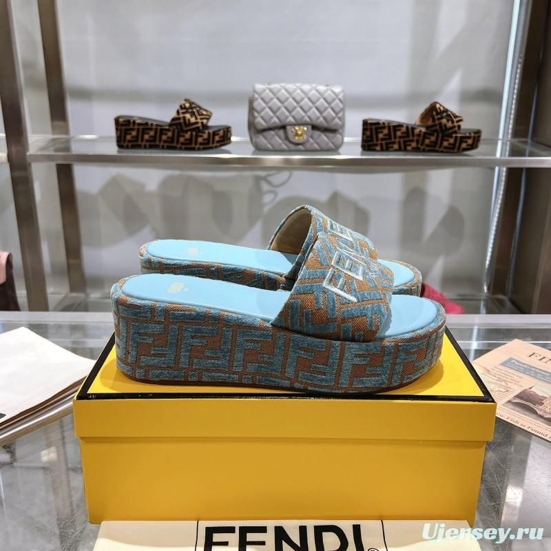 2025 Slippers Fendi Blue Brown Canvas FF Jacquard Platform FJ00321