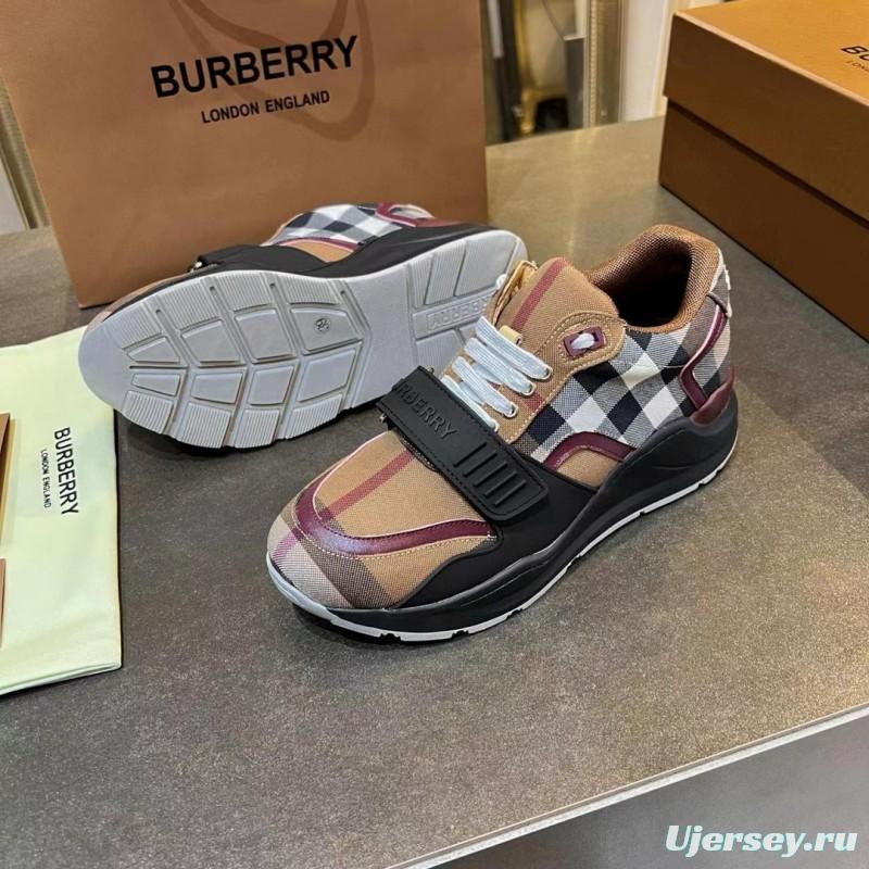 2025 Unisex Burberry Beige Black White Cotton Calfskin Suede Sneakers Vintage Pattern MJ00360(F)