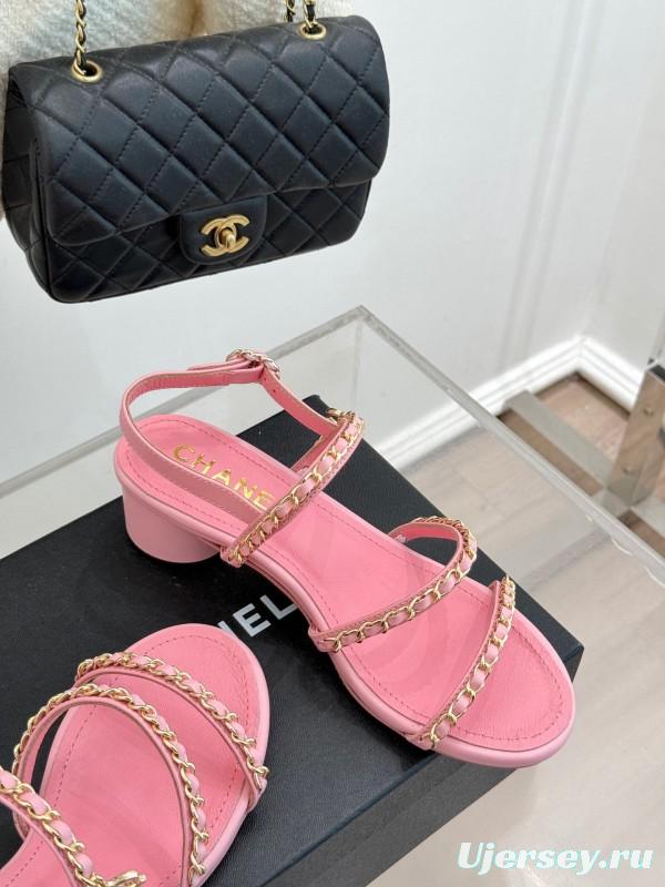 2025 Women Chanel Pink Leather Chain Strap Sandals