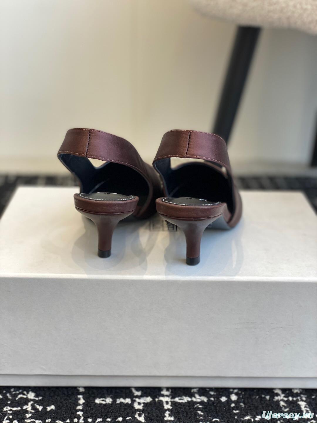 2025 Women Toteme Brown Satin Slingback Pointed Toe Heels