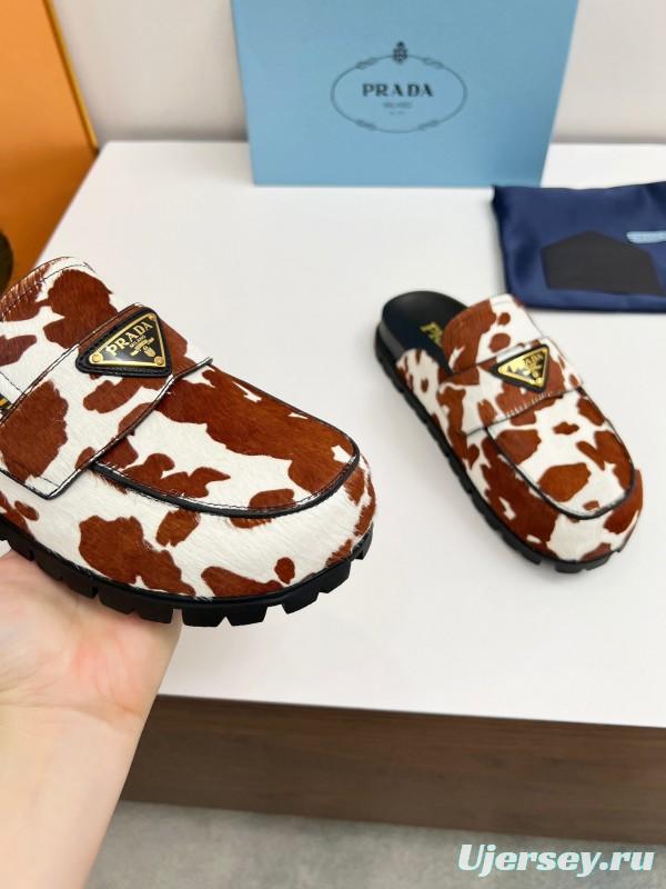 2025 Women Prada Brown White Cowhair Leather Slippers LY00270