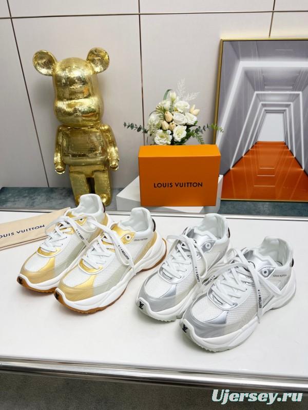 2025 Women Louis Vuitton White Gold Mesh Leather Sneakers LY00340