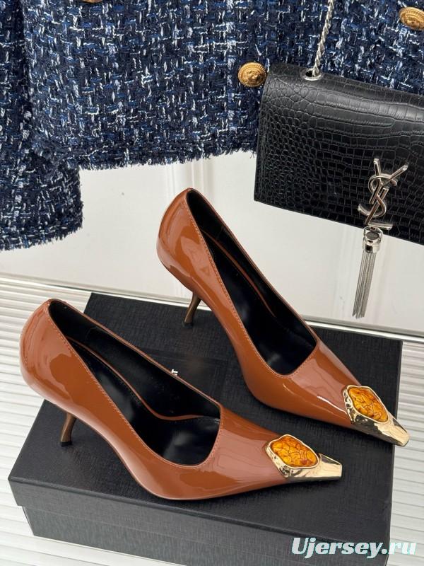 2024 Women Yves Saint Laurent Brown Patent Leather High Heels Metal Tip MJ00330