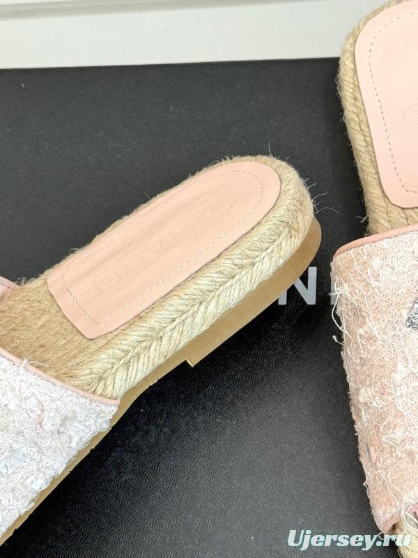 2025 Women Chanel Pink Tweed Espadrille Slide Sandals Handmade Craft KFY00240 (F)