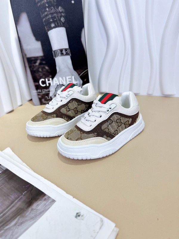 2024 Kids GUCCI Brown Beige White Leather Sneakers