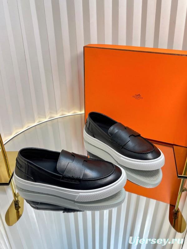 2025 Unisex Hermès Black Leather Fabric Loafers Slip-On LY00310(F)/LY00320(M)