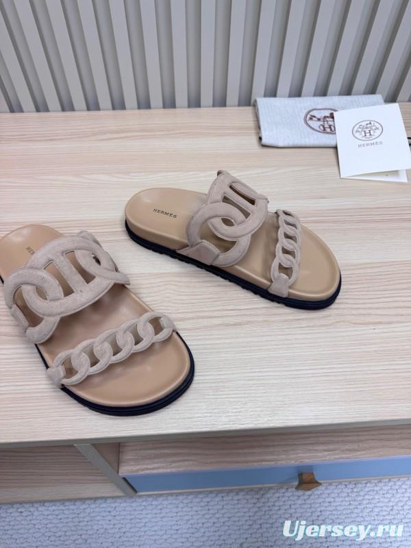 2025 Women Hermès Beige Suede Slippers