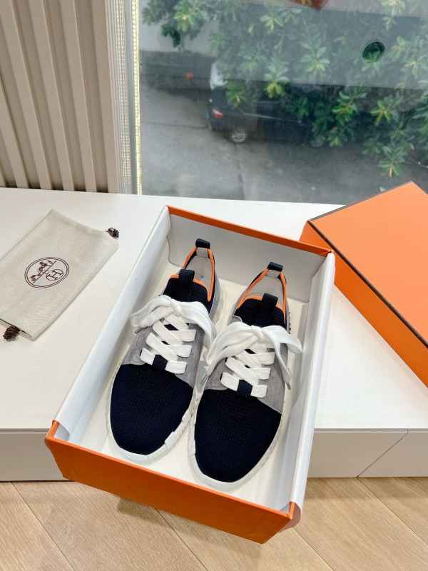 2024 Unisex Hermès blue grey orange knit leather sneakers