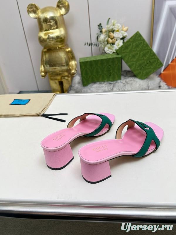 2025 Women Gucci Pink Green Leather Slippers