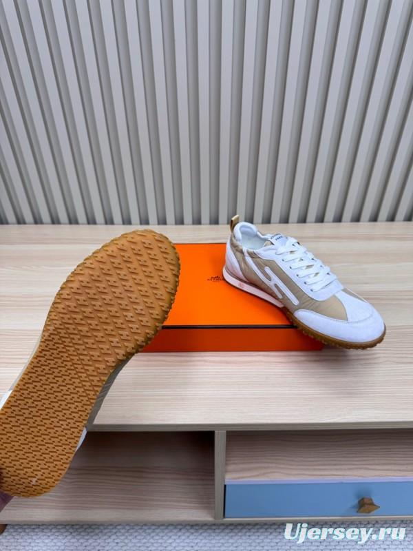2025 Unisex Hermès White Beige Suede Down Fabric Sneakers Top Version KFY00300