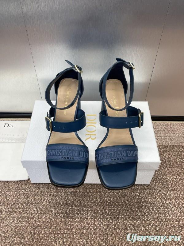 2025 Women Dior Navy Blue Leather Sandals Ankle Strap KFY00310