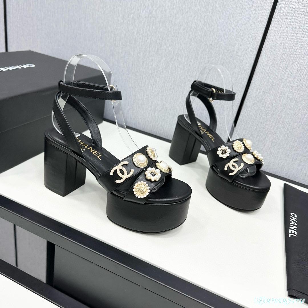 2025 Women Chanel Black Leather Platform Sandals MJ00310