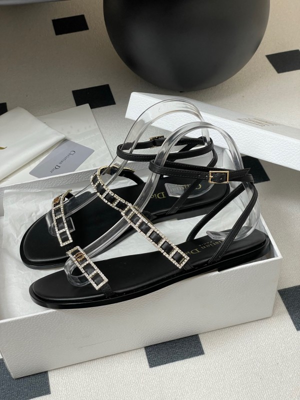 2025 Women Dior Black Crystal Embellished Leather Flat Sandals