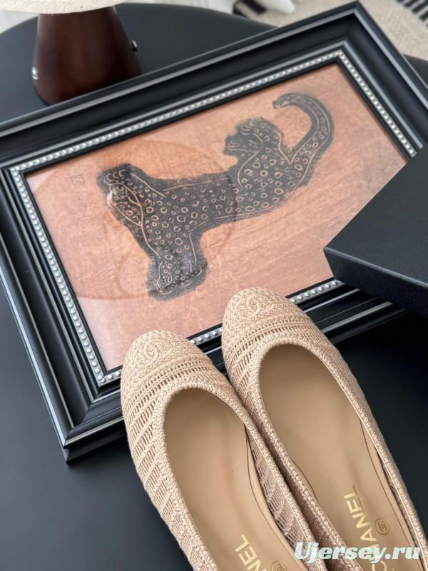 2025 Women Chanel Beige Knit Ballet Flats LY00280