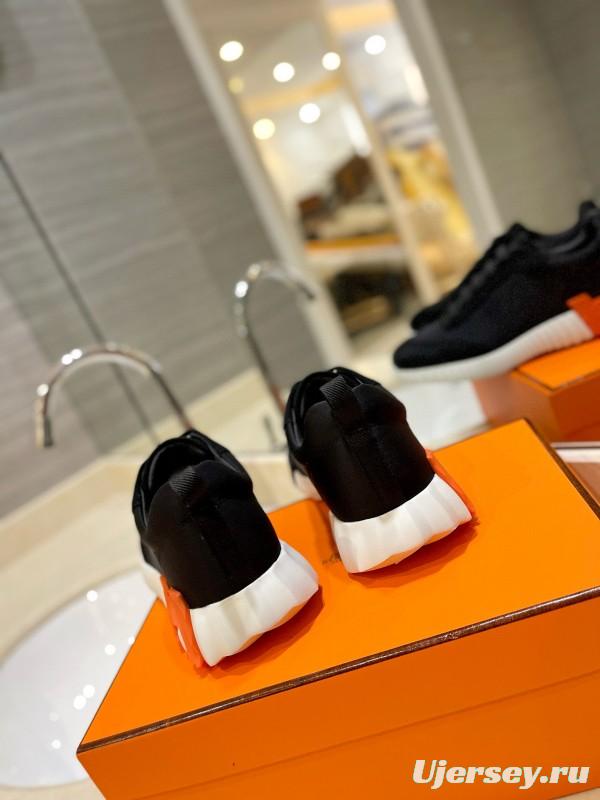 2024 Unisex Hermès Black Orange Glossy Calfskin Nylon Sneakers MJ00320