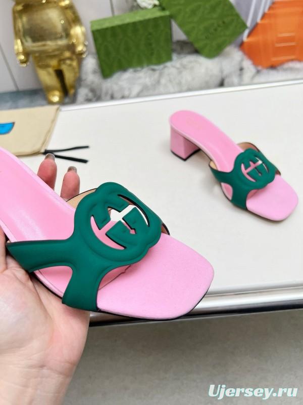 2025 Women Gucci Pink Green Leather Slippers
