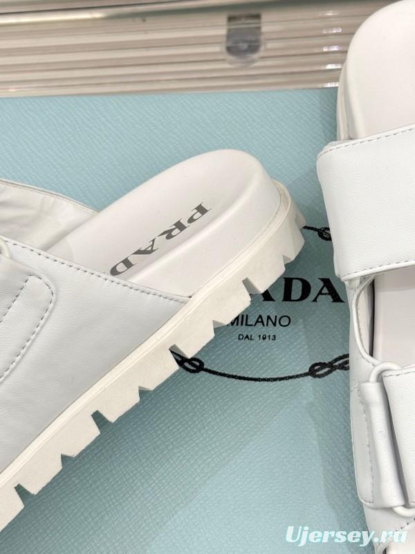 2025 Women Prada White Leather Slippers KFY00240