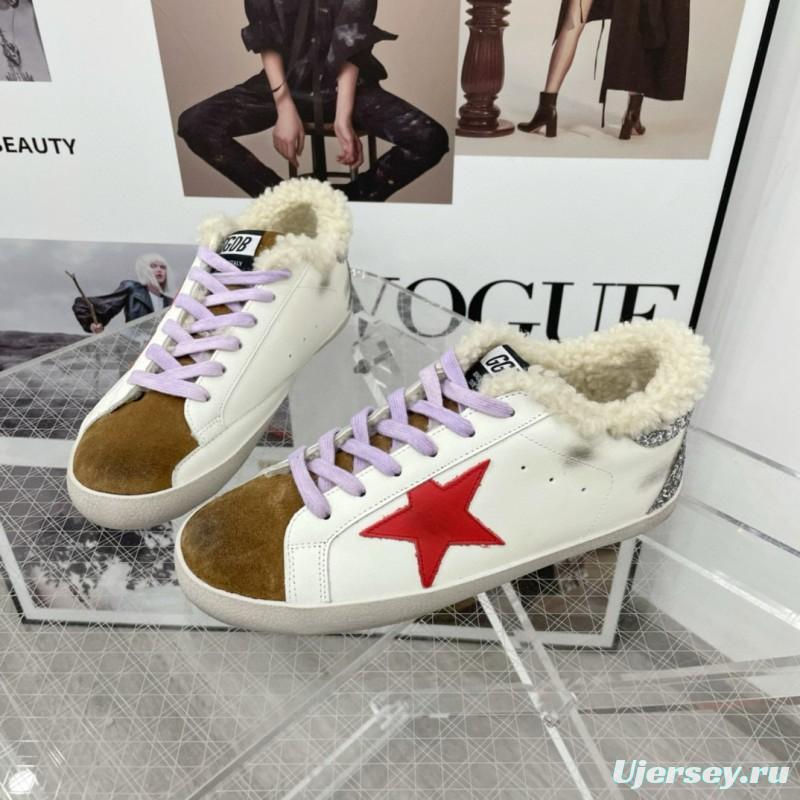 2025 Women GGDB White Red Brown Leather Shearling Sneakers