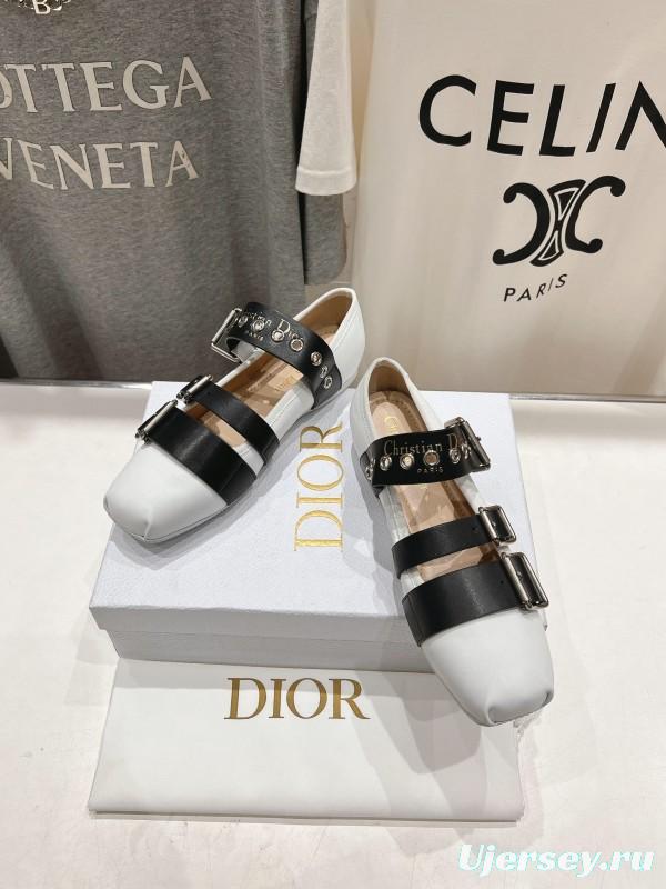 2025 Women Dior White Black Leather Mary Jane Buckle KFY00300