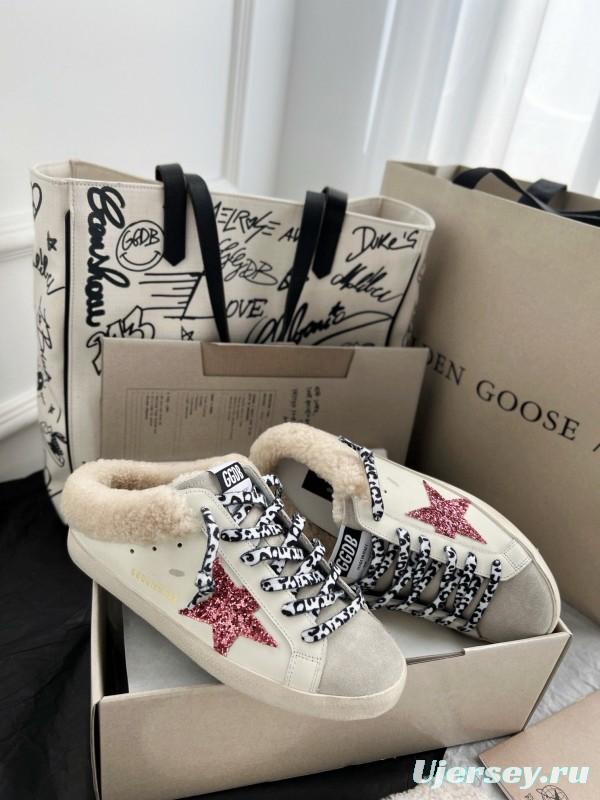 2024 Unisex GGDB White Pink Glitter Suede Leather Fur Slippers MJ00280