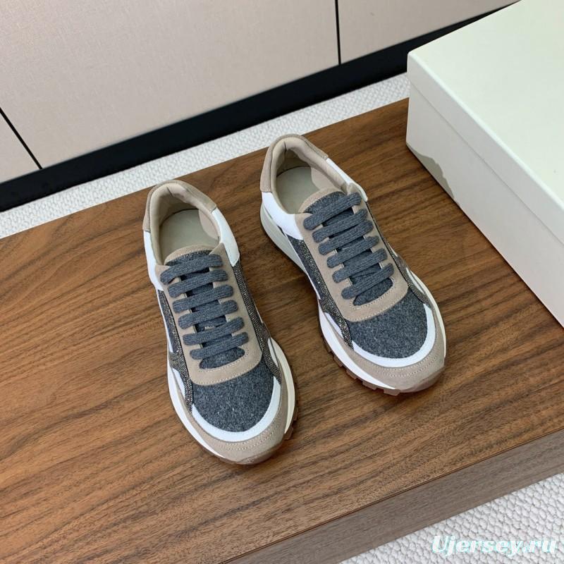 2025 Unisex Brunello Cucinelli Beige Gray White Leather Wool Casual Sneakers LY