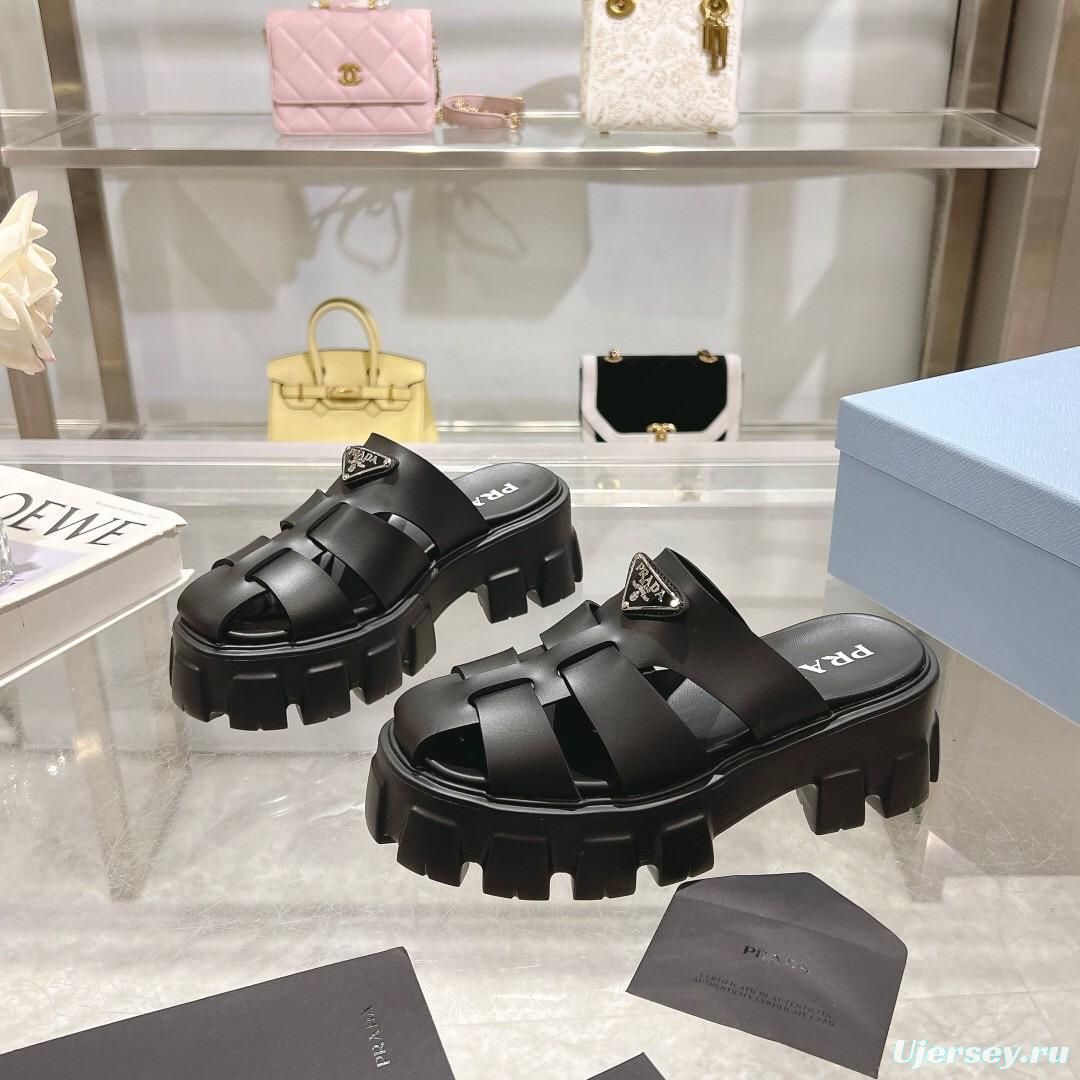 2025 Women Prada Black Leather Slingback Sandals LY00250