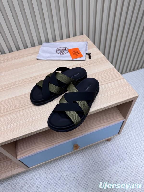 2025 Men Hermès Black Green Fabric Leather Slippers
