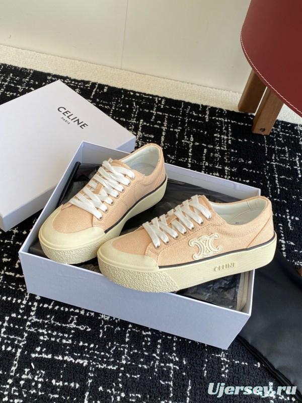 2025 Women Celine Beige Canvas Leather Platform Sneakers