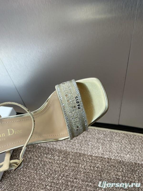 2025 Women Dior Gold Crystal Embellished Leather Sandals KFY00320