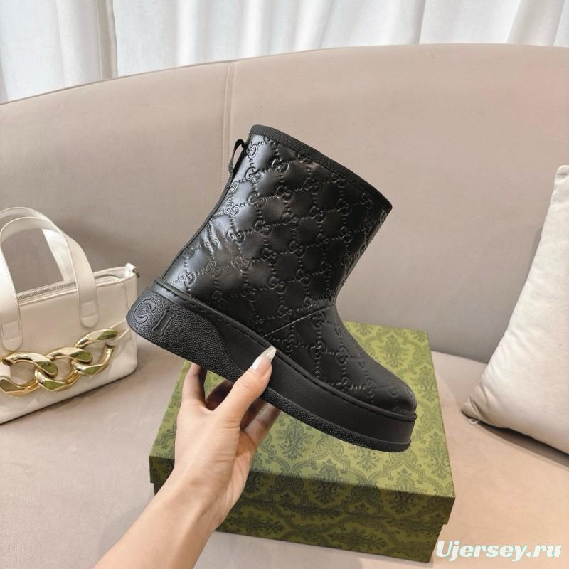 2024 Women Gucci Black Leather Suede Shearling Snow Boots MJ00350