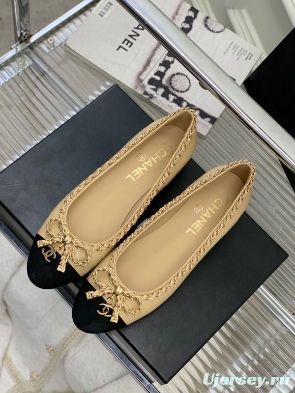 2025 Women Chanel Beige Black Leather Ballet Flats