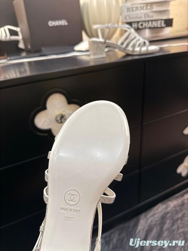 2025 Women Chanel White Synthetic Leather Sandals